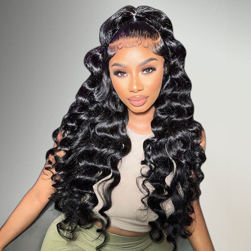Loose Deep Wave Natural Black Hair 13x6 HD Lace Frontal Wig Wand Curls Human Hair Wigs