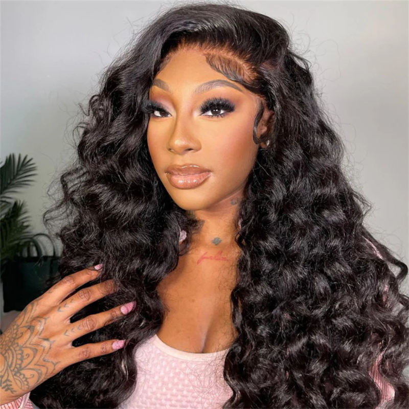 Loose Deep Wave Natural Black Hair 13x6 HD Lace Frontal Wig Wand Curls Human Hair Wigs