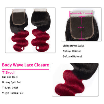 T1B/99j Ombre Body Wave Human Hair 3 Bundles With 4x4 Lace Closure