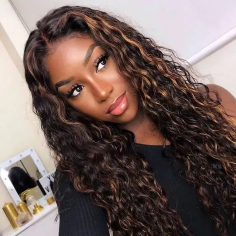 Golden Brown Highlight Wig Water Wave 13x6 And 8X5 Wear Go Pre Bleached Knots Plucked Hairline 220% Density
