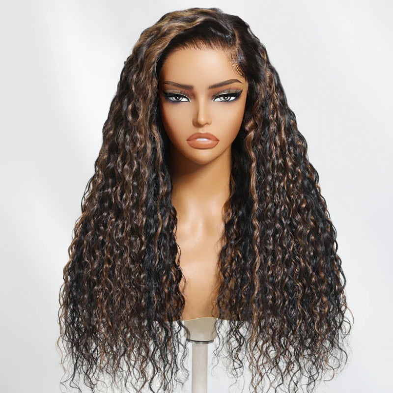 Golden Brown Highlight Wig Water Wave 13x6 And 8X5 Wear Go Pre Bleached Knots Plucked Hairline 220% Density