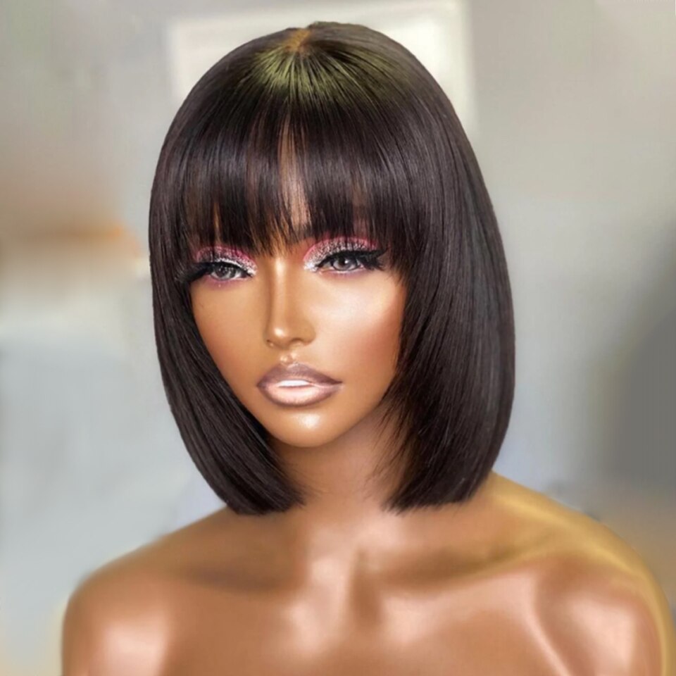 Straight Short Cut Bob 2x4 HD Lace Wigs Glueless Human Hair Wigs with Bangs For Black Women