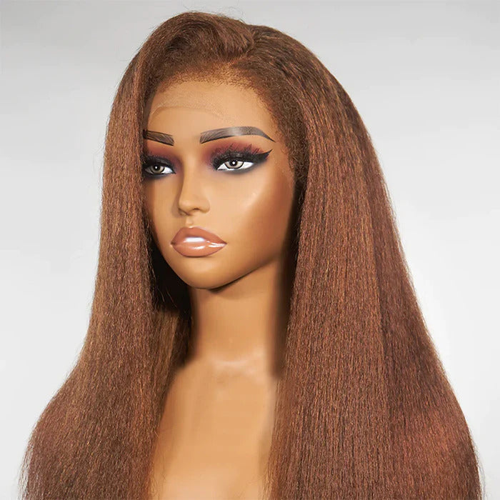 4C Edge Chotolate Brown Colored HD Lace Front Wigs Kinky Straight Glueless Human Hair Wigs