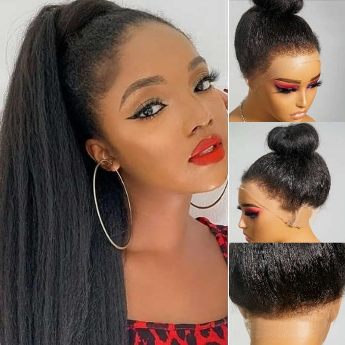 4C Edge Yaki Straight / Kinky Straight 360 HD Invisible Lace Frontal Human Hair Wig With Super Natural Hairline