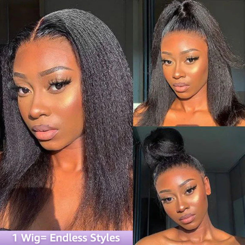 4C Edge Yaki Straight / Kinky Straight 360 HD Invisible Lace Frontal Human Hair Wig With Super Natural Hairline