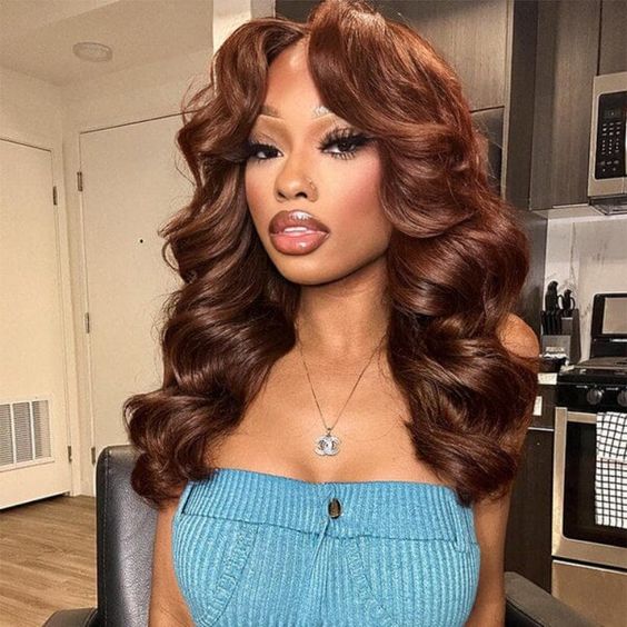 Curtain Bangs Chestnut Brown Body Wave Glueless HD Lace Human Hair Wigs with Adjustable Strap
