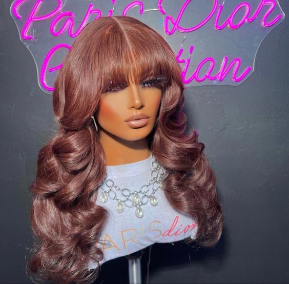 Curtain Bangs Chestnut Brown Body Wave Glueless HD Lace Human Hair Wigs with Adjustable Strap