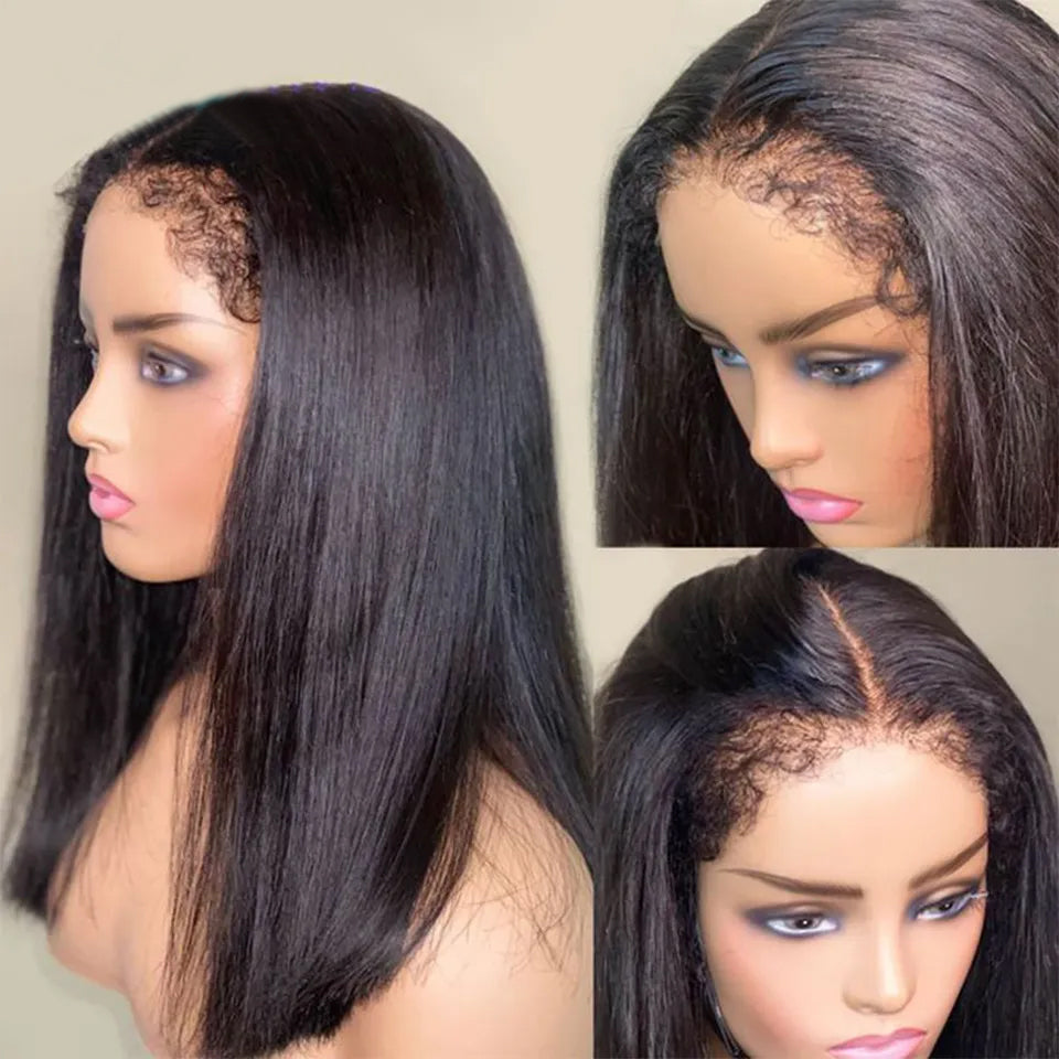 Straight Human Hair Wig with Curly Edges HD Human Hair Wig