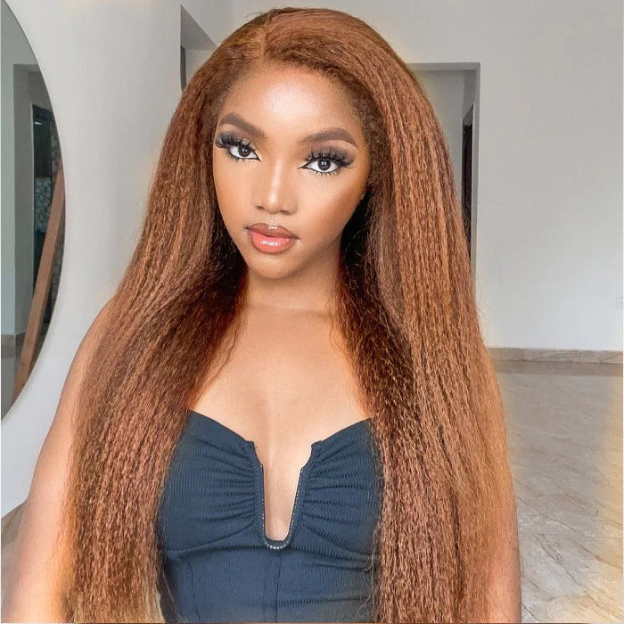 4C Edge Chotolate Brown Colored HD Lace Front Wigs Kinky Straight Glueless Human Hair Wigs