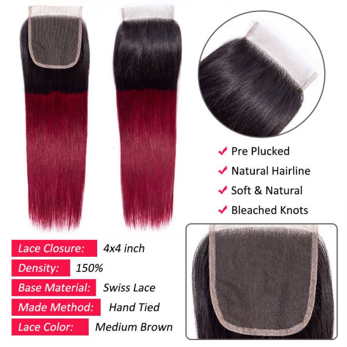 T1B/99j Ombre Straight Human Hair 3 Bundles With 4x4 Lace Closure
