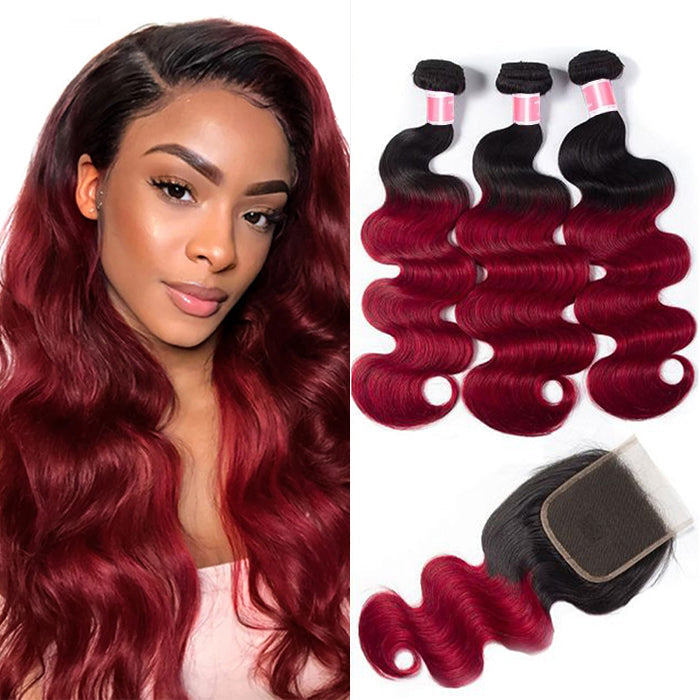 T1B/99j Ombre Body Wave Human Hair 3 Bundles With 4x4 Lace Closure
