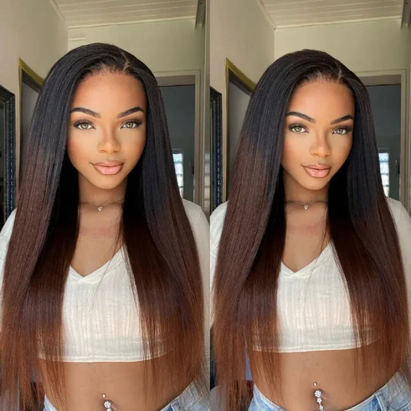 CIARA Hair Chestnut Brown Ombre Yaki Straight Wig 8x5 Wear Go Glueless Human Hair Wigs 220% Density