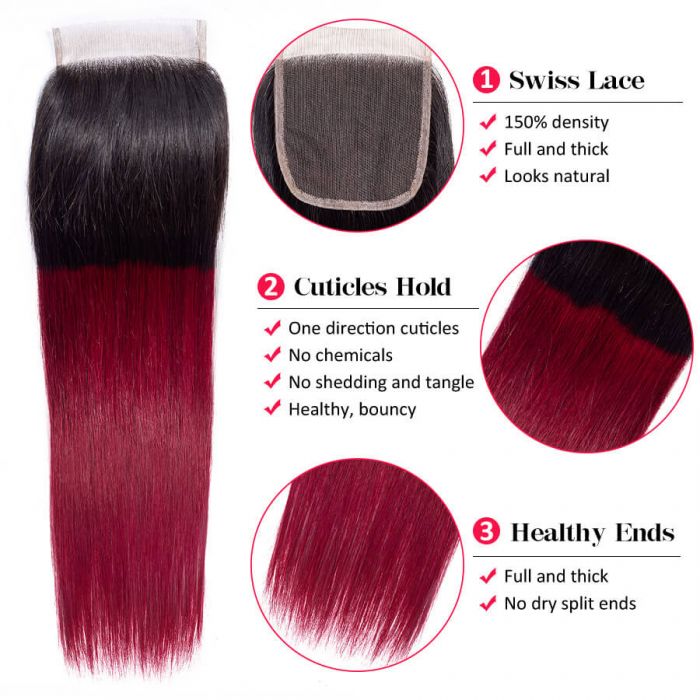 T1B/99j Ombre Straight Human Hair 3 Bundles With 4x4 Lace Closure