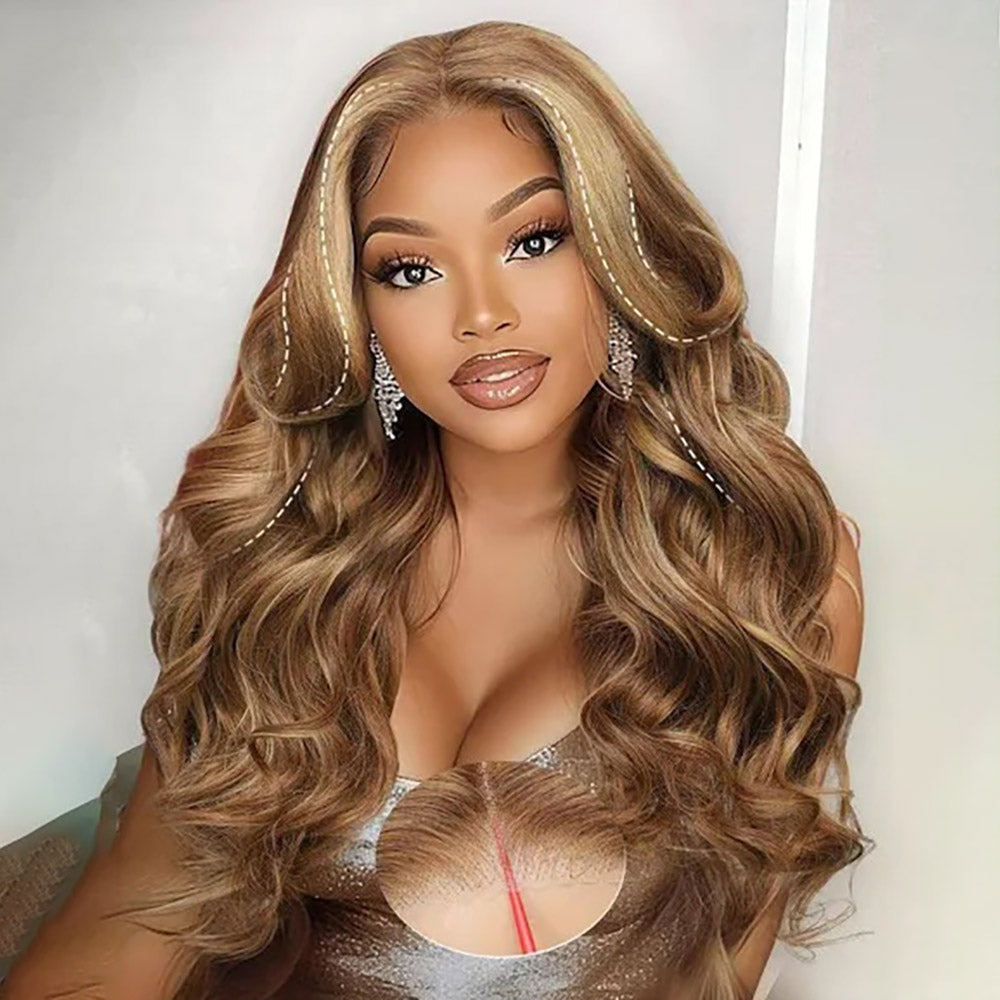 Curtain Bangs Highlight Honey Blonde Ombre 4/27 Body Wave Human Hair Glueless HD Lace Wigs