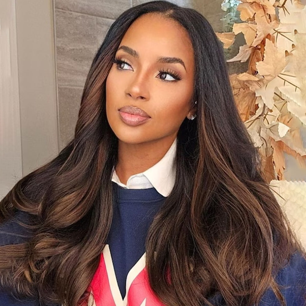 CIARA Hair Chestnut Brown Ombre Yaki Straight Wig 8x5 Wear Go Glueless Human Hair Wigs 220% Density