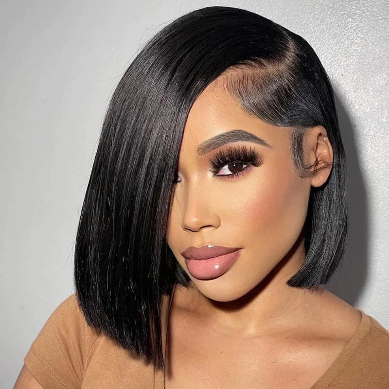 Asymmetrical Side Part Minimalist Straight Bob Wigs Human Hair HD Transparent Lace Front Wig With Side Parting