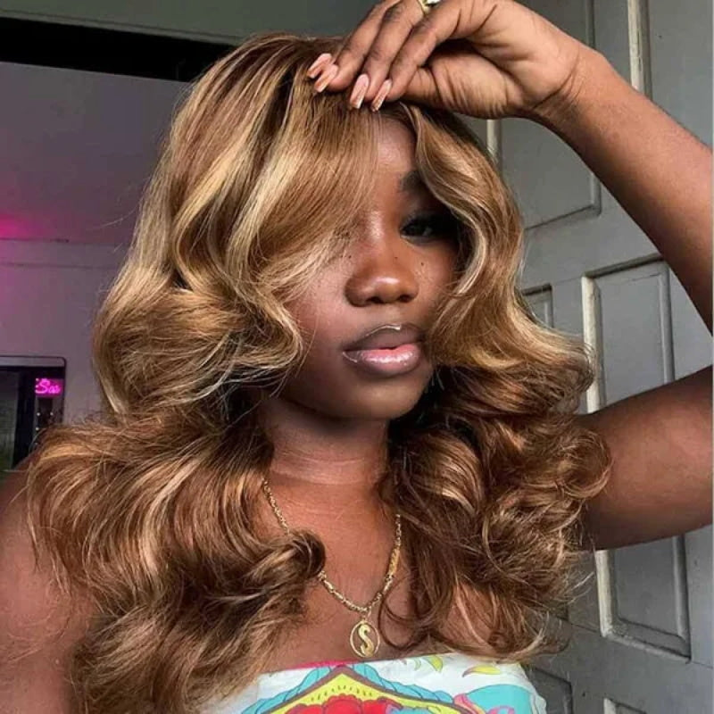 Curtain Bangs Highlight Honey Blonde Ombre 4/27 Body Wave Human Hair Glueless HD Lace Wigs