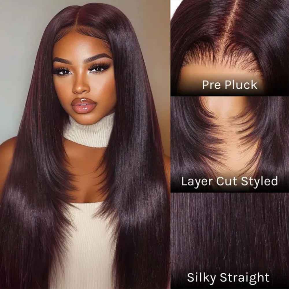 CIARA Hair Black Cherry Layered Cut 8x5 Glueless Wig Straight/Body Wave And 13x4 Lace Front Human Hair Wigs 220% Density
