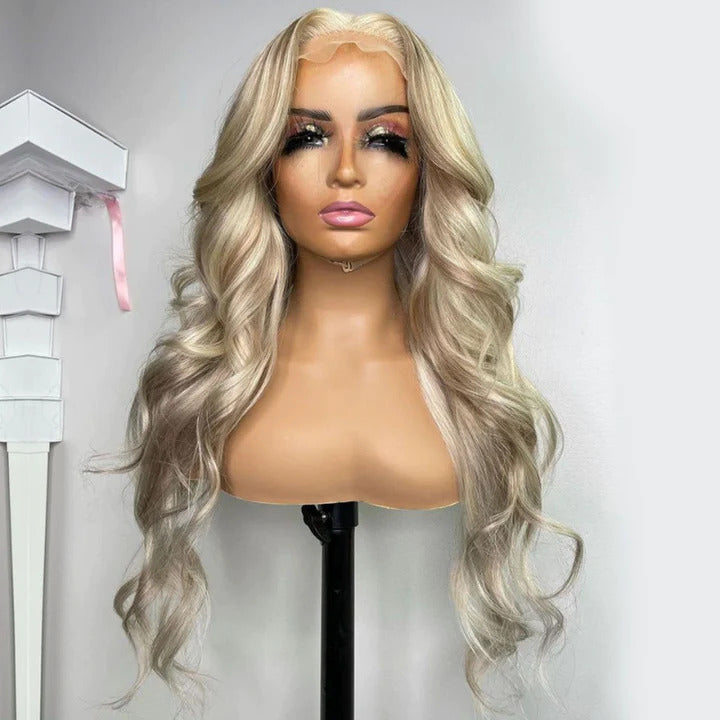 Curtain Bangs Barbie Blonde Hair With P18/613 Highlights Wig Body Wave Glueless HD Lace Human Hair Wigs