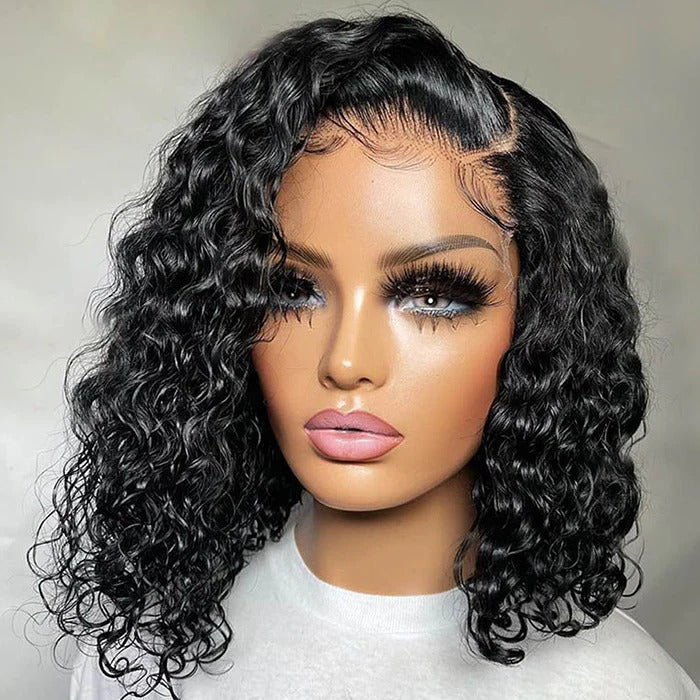 Asymmetrical Side Part Deep Wave Short Bob Wigs Human Hair Glueless HD Lace Front Wig With Side Parting