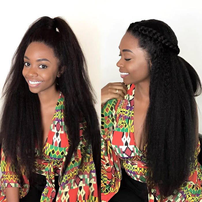 4C Edge Yaki Straight / Kinky Straight 360 HD Invisible Lace Frontal Human Hair Wig With Super Natural Hairline