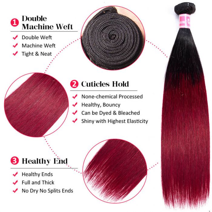 T1B/99j Ombre Straight Human Hair 3 Bundles With 4x4 Lace Closure