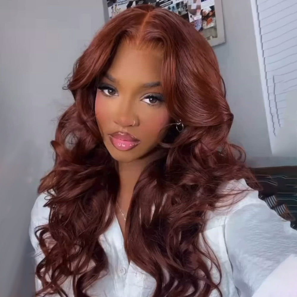 Curtain Bangs Glueless HD Lace Wig Reddish Brown Straight Body Wave Human Hair Wigs with Adjustable Strap-CIARA Hair