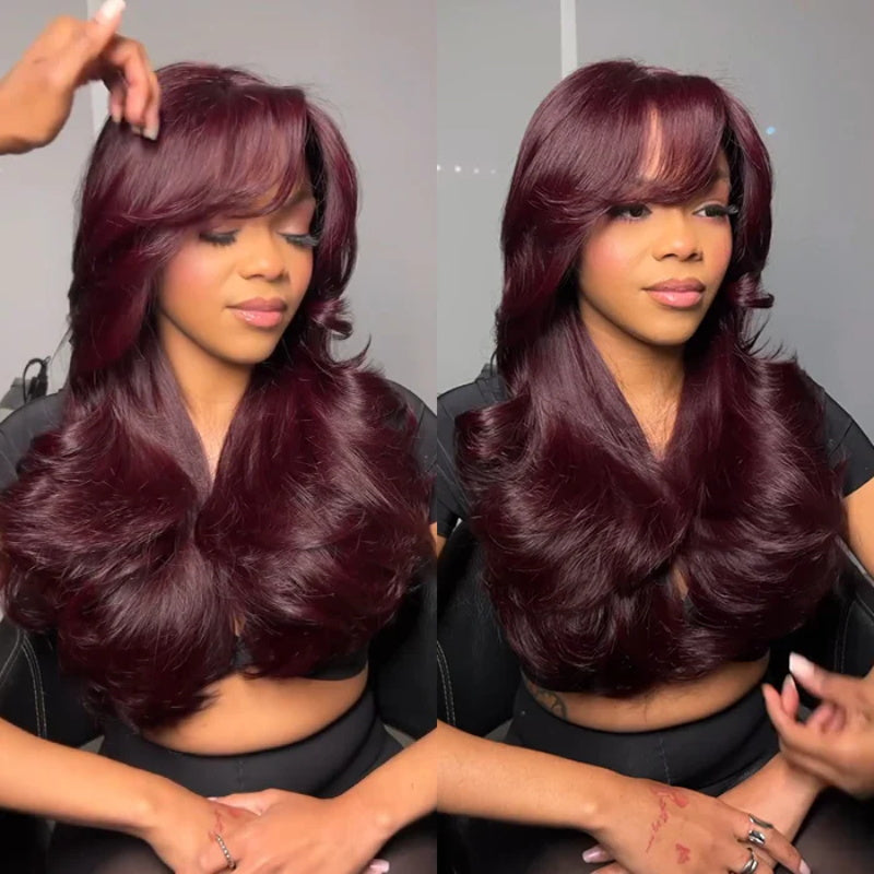CIARA Hair Black Cherry Layered Cut 8x5 Glueless Wig Straight/Body Wave And 13x4 Lace Front Human Hair Wigs 220% Density