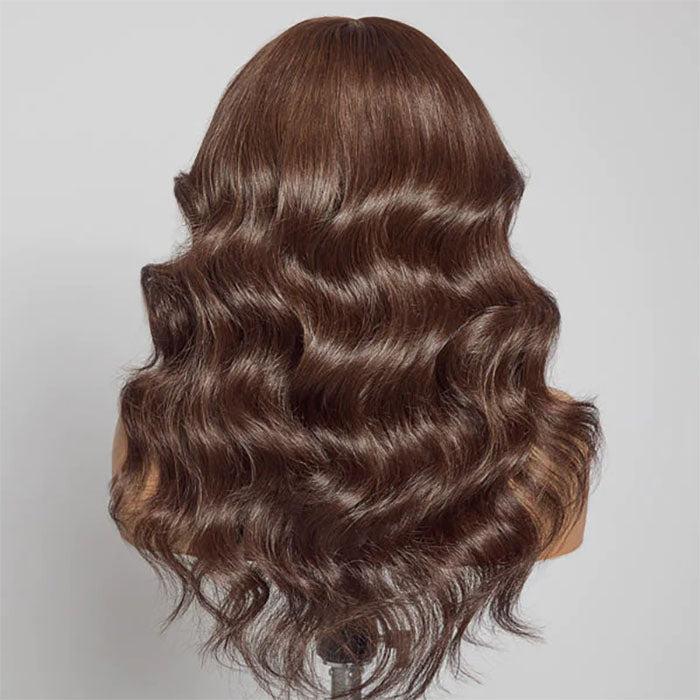 Curtain Bangs Chestnut Brown Body Wave Glueless HD Lace Human Hair Wigs with Adjustable Strap