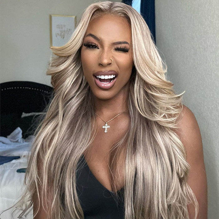 Curtain Bangs Barbie Blonde Hair With P18/613 Highlights Wig Body Wave Glueless HD Lace Human Hair Wigs