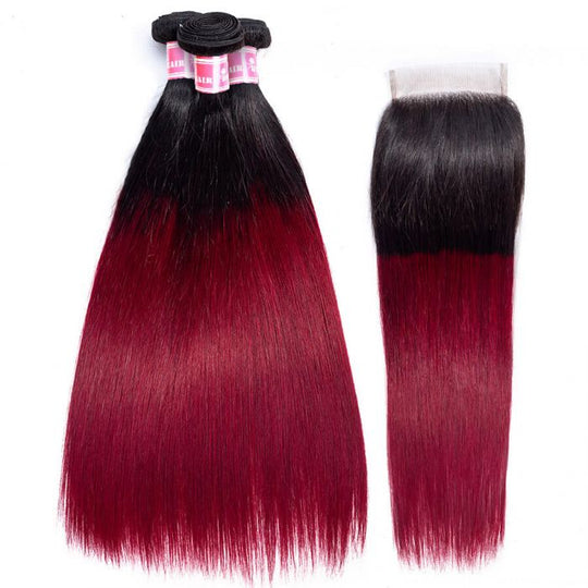 T1B/99j Ombre Straight Human Hair 3 Bundles With 4x4 Lace Closure