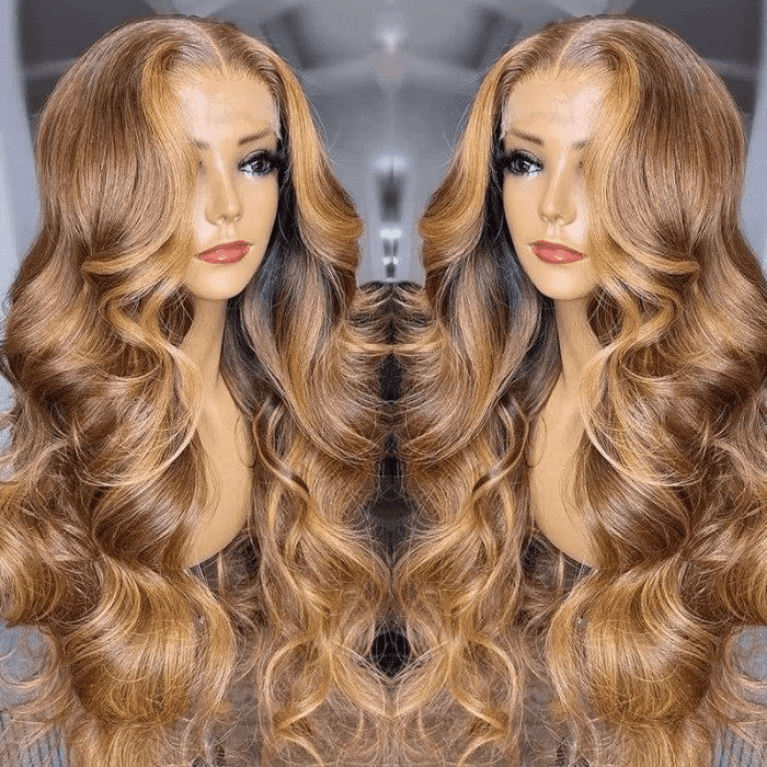 4/27 Highlight Honey Blonde HD Lace Wig with Curtain Bang Human Hair Wig