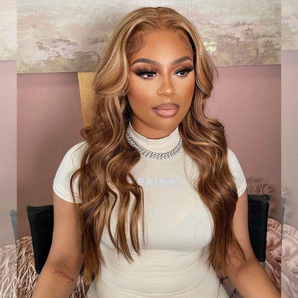4/27 Highlight Honey Blonde HD Lace Wig with Curtain Bang Human Hair Wig