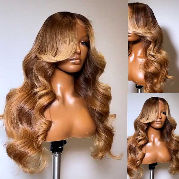 4/27 Highlight Honey Blonde HD Lace Wig with Curtain Bang Human Hair Wig