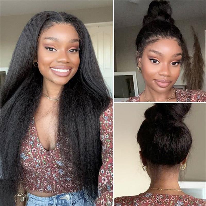 4C Edge Yaki Straight / Kinky Straight 360 HD Invisible Lace Frontal Human Hair Wig With Super Natural Hairline
