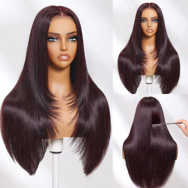 CIARA Hair Black Cherry Layered Cut 8x5 Glueless Wig Straight/Body Wave And 13x4 Lace Front Human Hair Wigs 220% Density