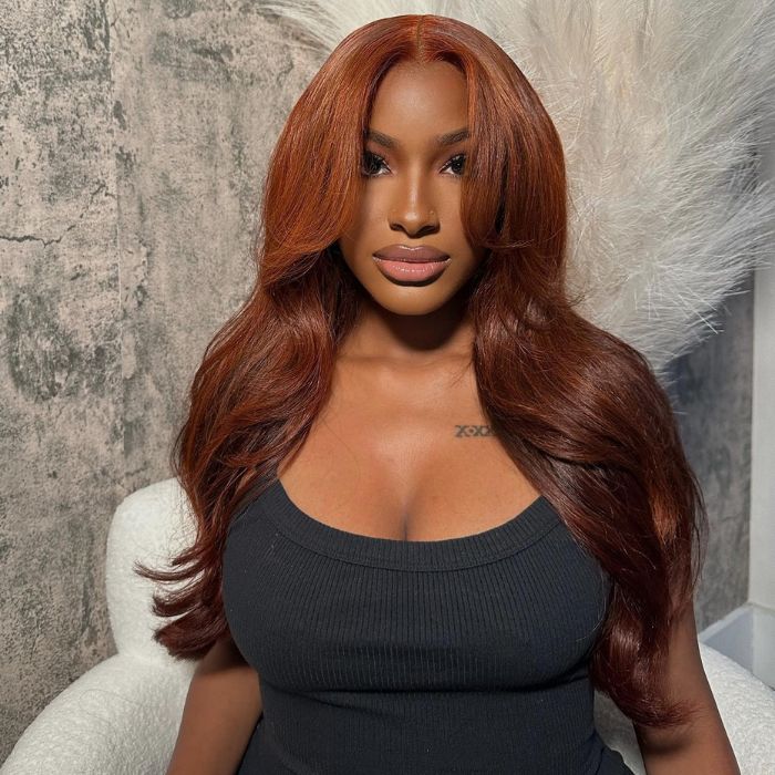 #33 Reddish Brown Straight HD Lace Frontal Wig with Curtain Bangs