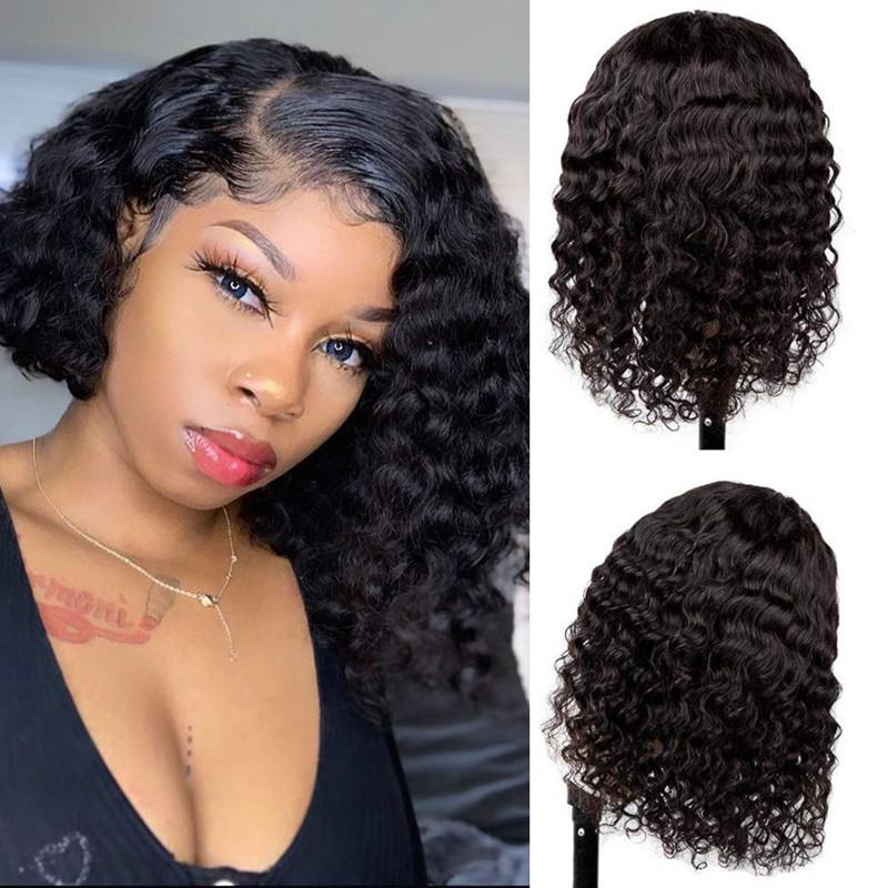 Asymmetrical Side Part Deep Wave Short Bob Wigs Human Hair Glueless HD Lace Front Wig With Side Parting