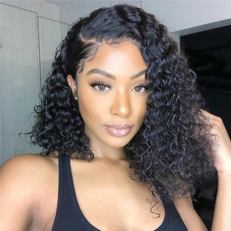 Asymmetrical Side Part Deep Wave Short Bob Wigs Human Hair Glueless HD Lace Front Wig With Side Parting