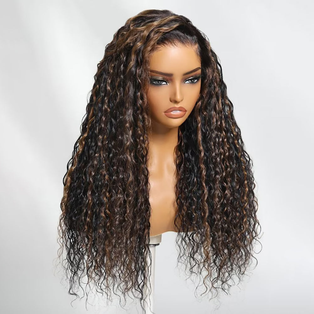 Golden Brown Highlight Wig Water Wave 13x6 And 8X5 Wear Go Pre Bleached Knots Plucked Hairline 220% Density