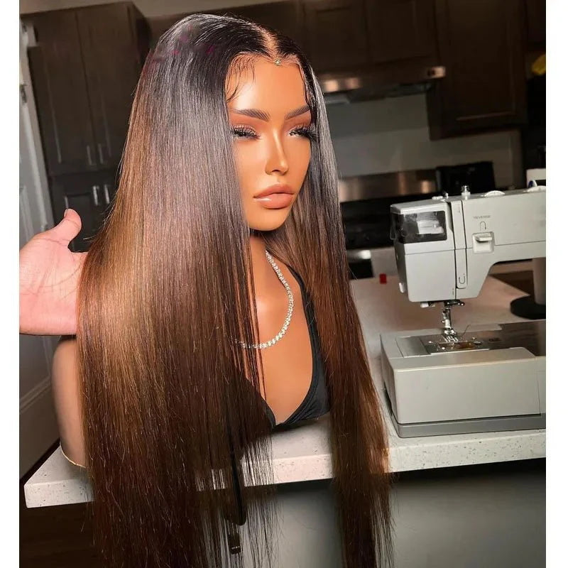 CIARA Hair Chestnut Brown Ombre Yaki Straight Wig 8x5 Wear Go Glueless Human Hair Wigs 220% Density