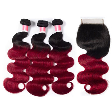 T1B/99j Ombre Body Wave Human Hair 3 Bundles With 4x4 Lace Closure