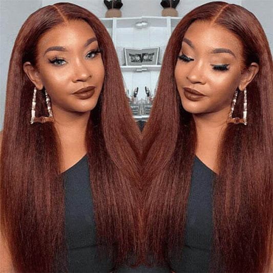 #33 Reddish Brown Kinky Straight Wig Autumn Color Glueless HD Lace Front Human Hair Wigs