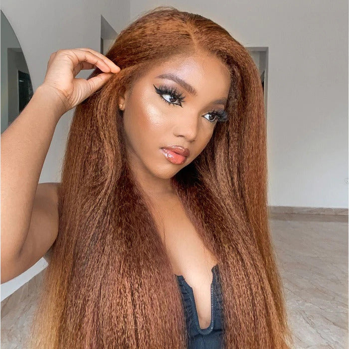 4C Edge Chotolate Brown Colored HD Lace Front Wigs Kinky Straight Glueless Human Hair Wigs