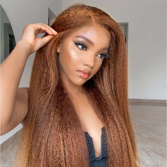 4C Edge Chotolate Brown Colored HD Lace Front Wigs Kinky Straight Glueless Human Hair Wigs