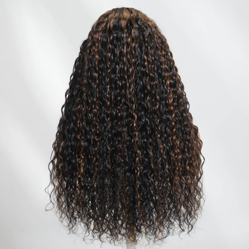 Golden Brown Highlight Wig Water Wave  13x6 And 8X5 Wear Go Pre Bleached Knots Plucked Hairline 220% Density
