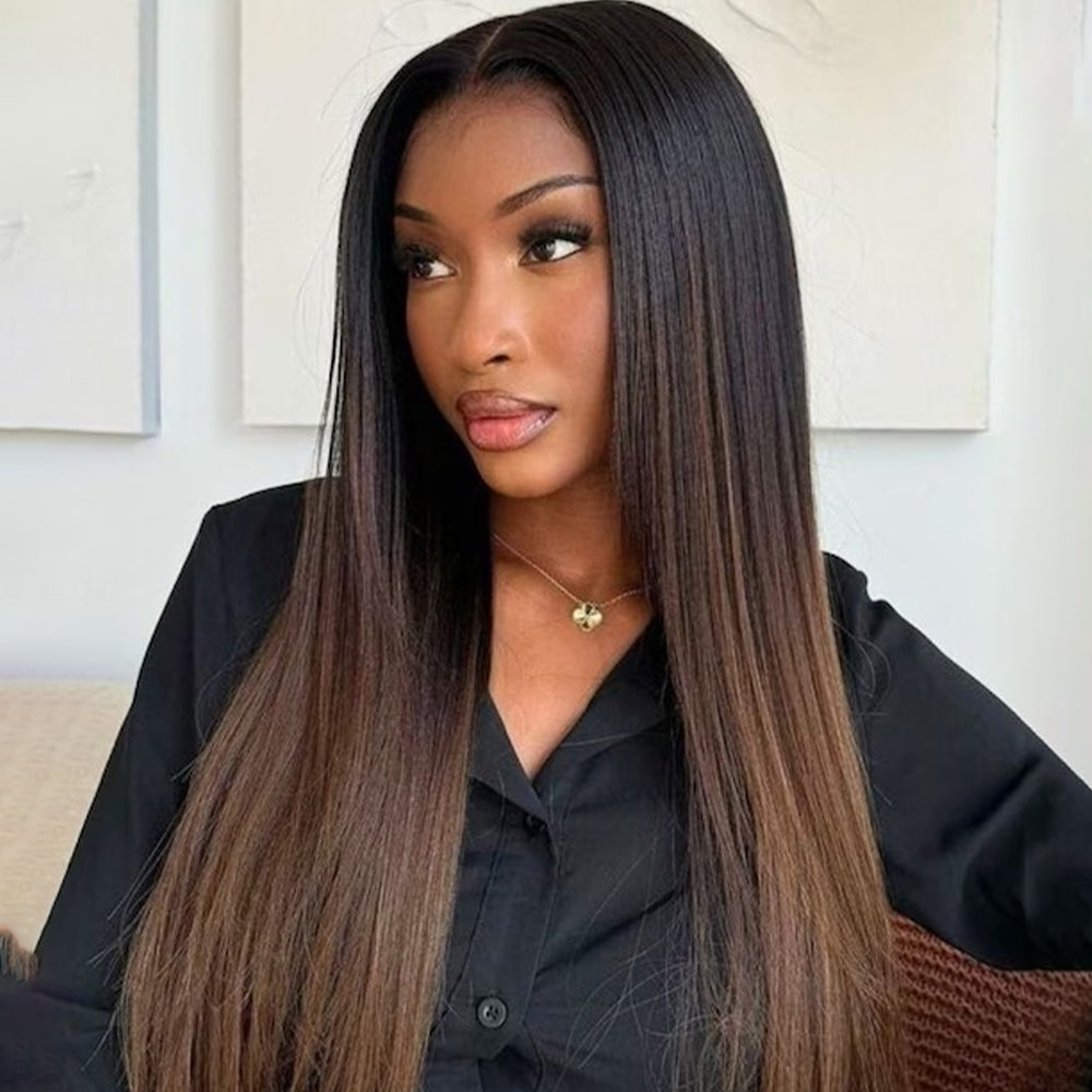 CIARA Hair Chestnut Brown Ombre Yaki Straight Wig 8x5 Wear Go Glueless Human Hair Wigs 220% Density
