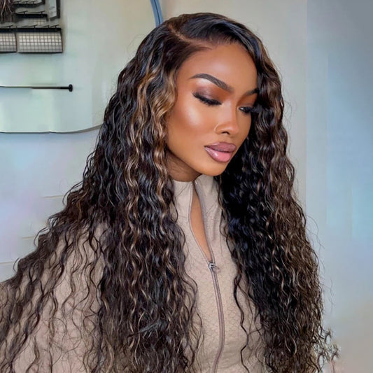 Golden Brown Highlight Wig Water Wave  13x6 And 8X5 Wear Go Pre Bleached Knots Plucked Hairline 220% Density