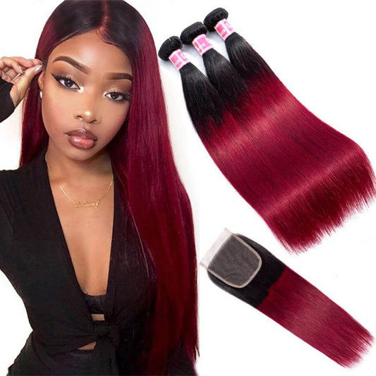 T1B/99j Ombre Straight Human Hair 3 Bundles With 4x4 Lace Closure