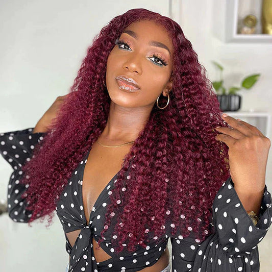 4C Curly Edge 99J Burgundy Red Colored HD Lace Front Wigs Pre Plucked Glueless Curly Human Hair Wigs